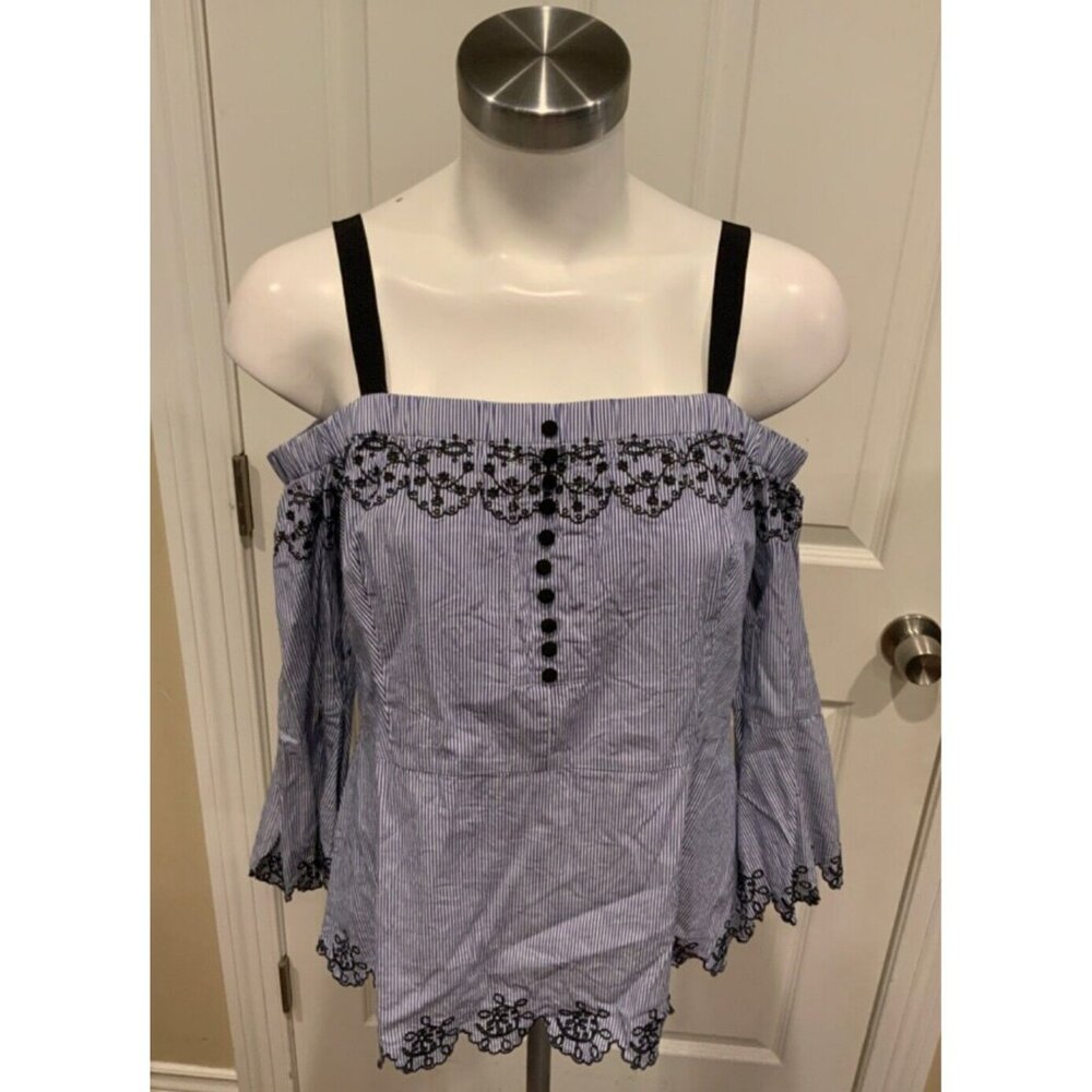 Y Yigal Blue & White Striped Floral Embroidered Cold Shoulder Shirt, Size XL